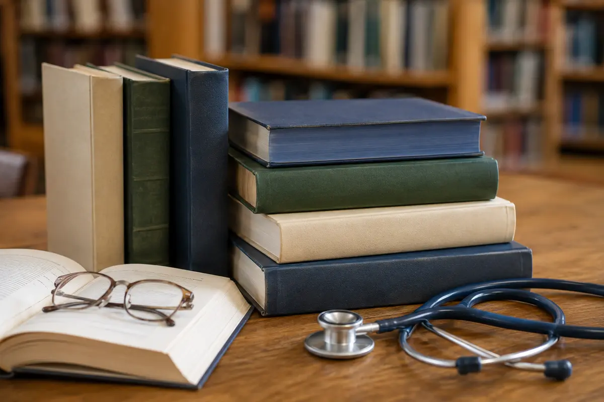Buku ilmu kesehatan, stetoskop, dan kacamata di meja baca