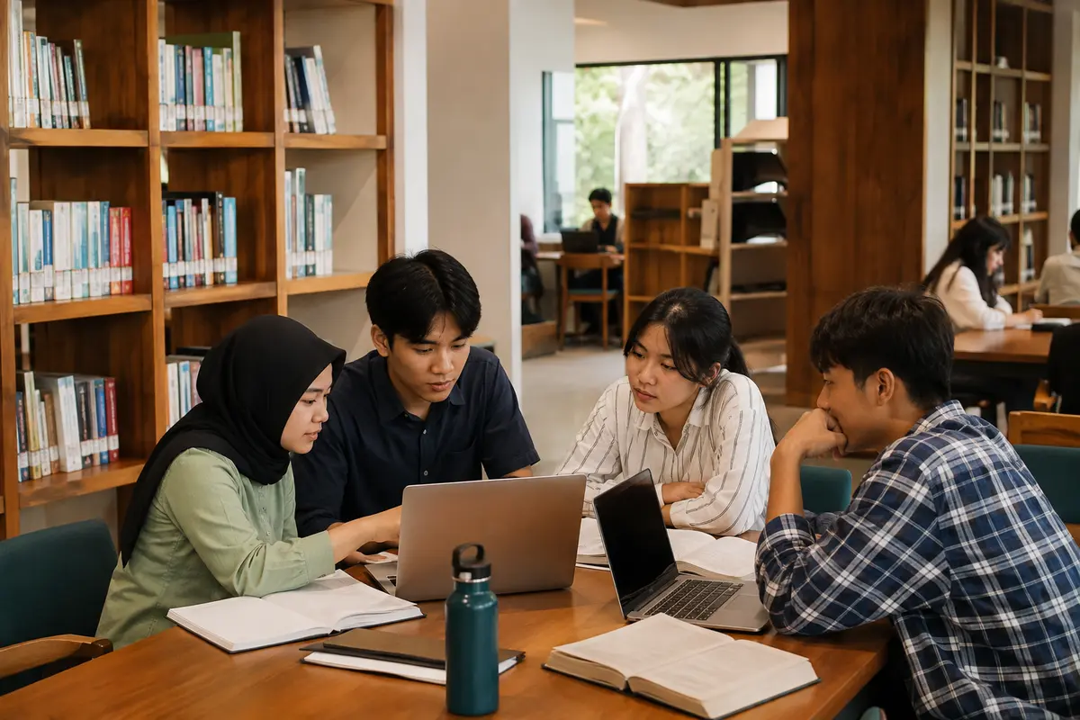 Mahasiswa berdiskusi di ruang belajar kolaboratif perpustakaan